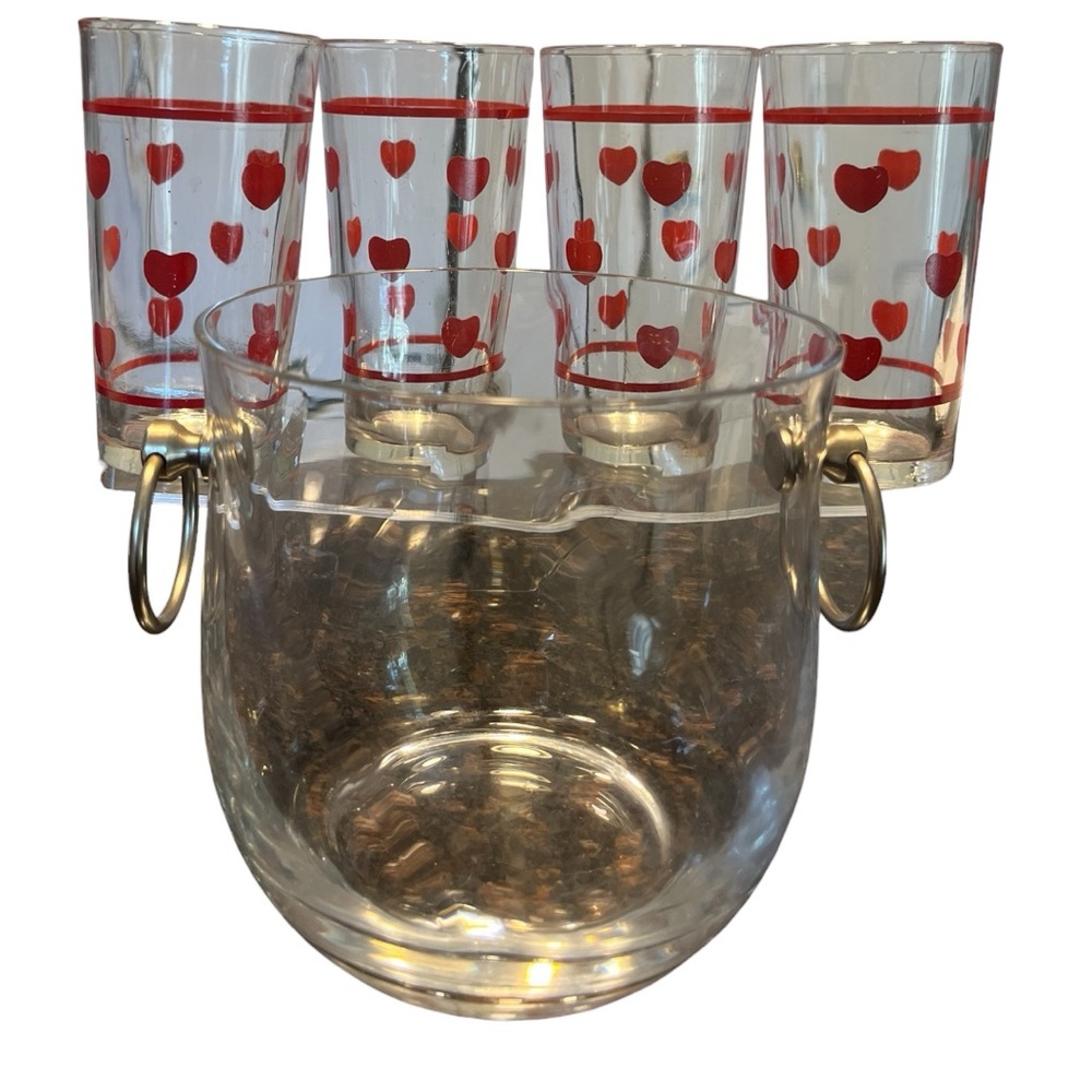 Crystal Ice Bucket with 4 Retro MCM Heart tumblers-highball glasses